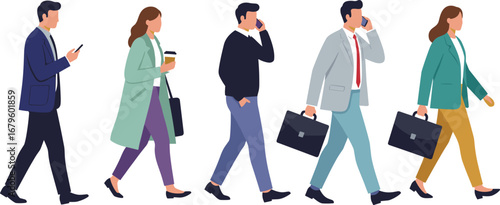 Office people walking, using smartphones, drinking coffee, and carrying briefcases, business professional lifestyle, flat vector illustration of working characters, side view