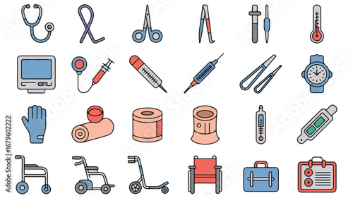 Diverse Medical and Healthcare Icons with Instruments and Mobility Aids medicine stethoscope