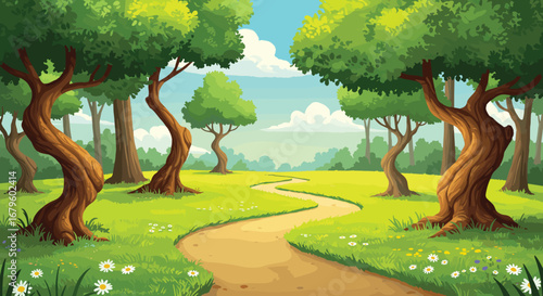 Vector illustration of a winding dirt path through a bright green forest with twisted trees, blue sky, wildflowers, scenic peaceful summer landscape