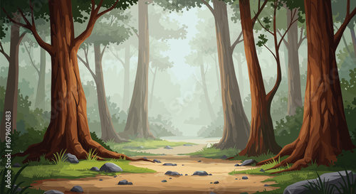 Vector illustration of dense forest path with tall trees, green grass, scattered rocks, foggy atmosphere, natural outdoor scenery, perfect for nature, hiking, or game backgrounds