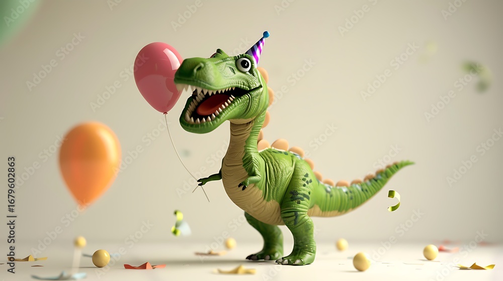 Fototapeta premium A cheerful green dinosaur celebrates with balloons and a party hat, bringing joy to any birthday or special occasion, its playful expression is adorable, isolated on white background