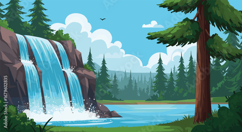 Vector illustration of a beautiful forest waterfall scene with river, pine trees, cliffs, and scenic nature landscape, ideal for outdoor travel backgrounds