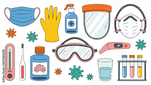 Hand- Drawn Medical Supplies and Virus Illustrations for Health Protection healthcare safety