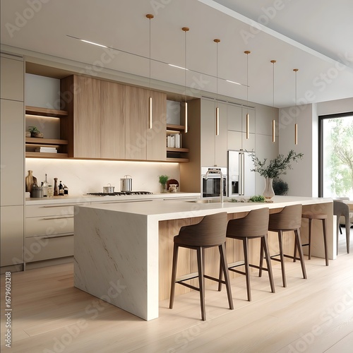 modernminimalist kitchen with classic elements clean lines and natural wood accents Sahara beige and warm brown tones elegant cabinetry soft lighting open spa