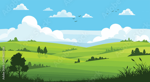 Beautiful green landscape illustration, rolling hills, summer countryside, bright sky, fluffy clouds, natural scenery, cartoon style, vector art, nature background