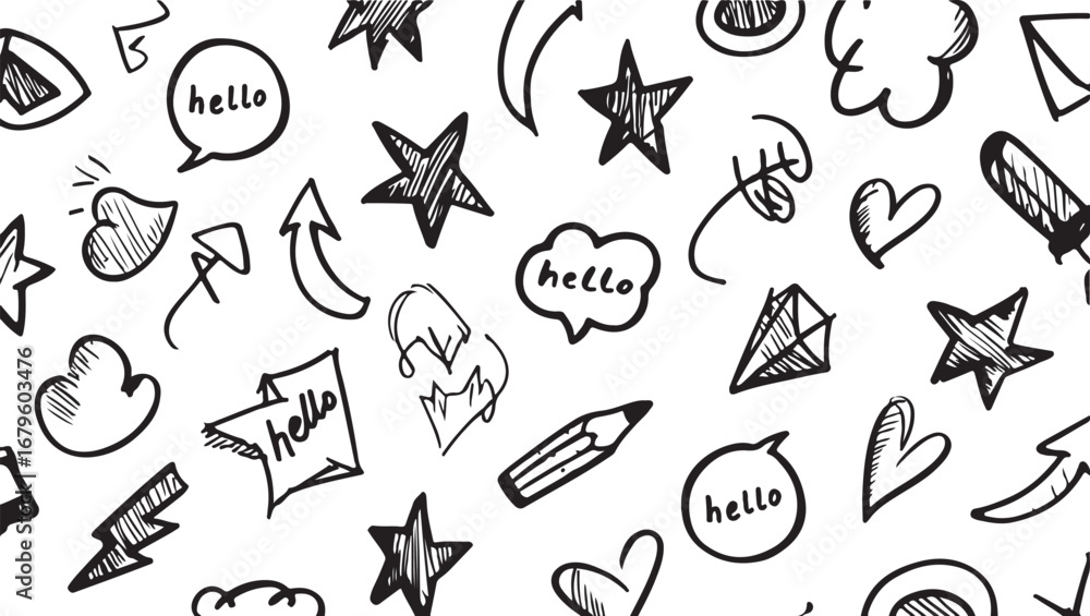 Fototapeta premium Hand Drawn Doodle Pattern with Stars Hearts Arrows and Speech Bubbles Creative Background Black and White Design