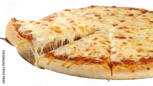 Extra cheese pizza with gooey melted mozzarella covering the crust, white background, no text