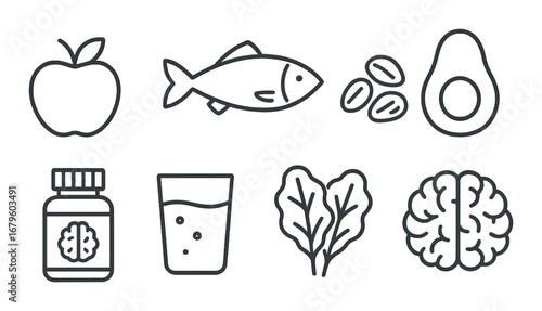 Healthy foods for brain health: apple, fish, nuts, avocado, vitamins, water, leafy greens