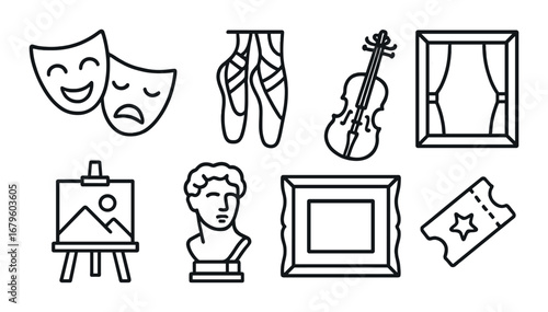 Set of art and performance icons: theater masks, ballet shoes, violin, painting, sculpture, ticket
