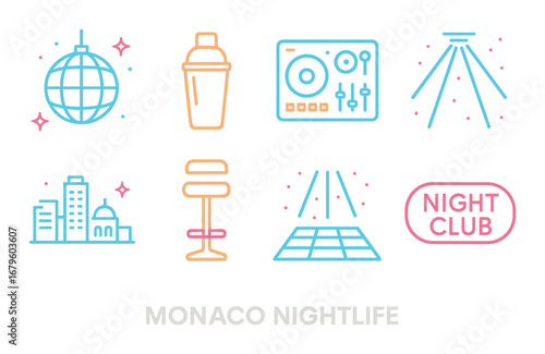 Vibrant monaco nightlife neon icons: disco, cocktails, music, nightclub scene in bright colors