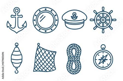 Nautical symbols: anchor, porthole, captain hat, wheel, buoy, net, rope, compass