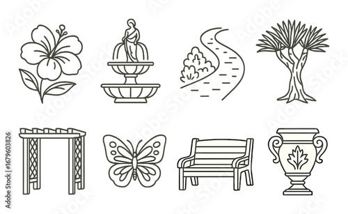 Garden décor: floral, fountain, walkway, tree, trellis, butterfly, bench, vase