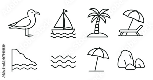 Minimalist beach icons: seagull, sailboat, palm, lounge chair, waves, umbrella, rocks