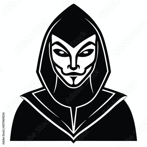 Mysterious hooded figure with sharp facial features and piercing eyes in a dark cloak representing anonymity and intrigue