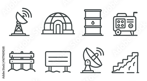 Monochrome line art icons: satellite, igloo, oil barrel, generator, fence, sign, and stairs