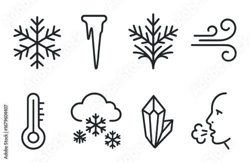 Winter elements icons: snowflake, icicle, wind, thermometer, cloud, crystal, breath
