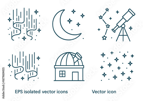 Night sky icons set: stars, moon, telescope, observatory, aurora