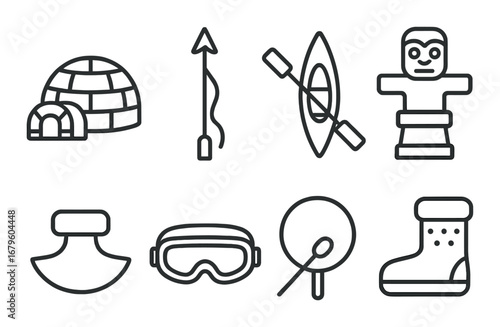 Arctic symbols: igloo, sled, snowshoe, kayak, inuit artifacts, dog boot, spear, goggles