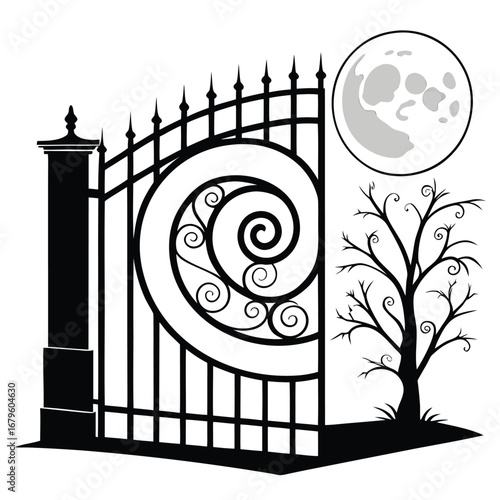 Moon shining inside spiral gate silhouette
