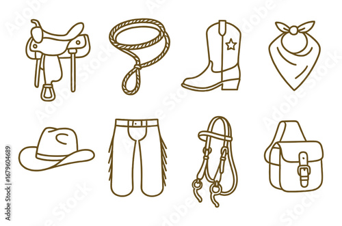 Outlined western icons: cowboy gear and accessories collection