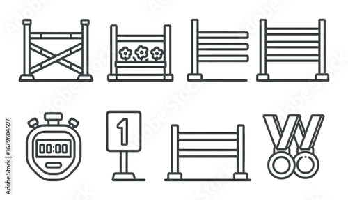 Equestrian sport symbols: jumps, stopwatch, medals, number sign