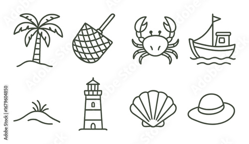 Beach icons: palm, fishing net, crab, boat, wave, lighthouse, shell, hat
