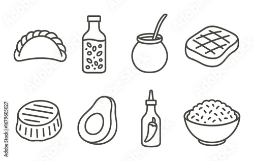 Outline icons of argentinian cuisine: empanada, mate, chimichurri, steak, asado, avocado