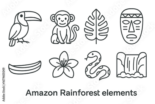 Amazon rainforest elements illustrations featuring toucan monkey mask and waterfall