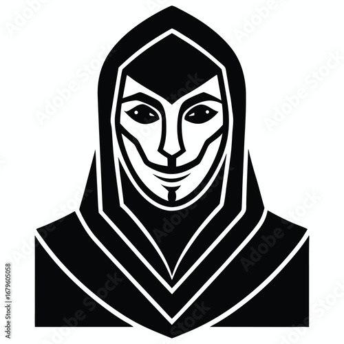 Mysterious hooded figure with a stylized mask and enigmatic expression representing anonymity and intrigue