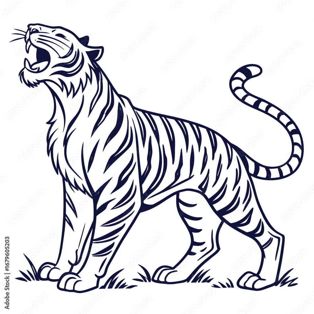 Naklejka premium Wild animals of the safari, a striped zebra and a white tiger, are illustrated in vector art with a cartoon silhouette