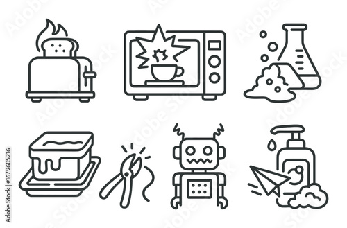 Set of kitchen and science icons: toaster, microwave, laboratory, robot, soap