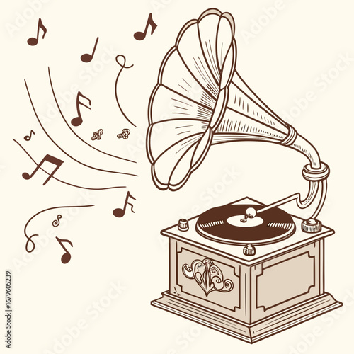 A classic vintage gramophone with a spinning vinyl record plays a warm, nostalgic sound