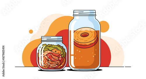 Fermented Foods - Kimchi and Kombucha in Jars.