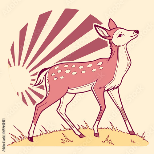A whimsical cartoon deer with a gift bow illustration, a vector design of a wild animal
