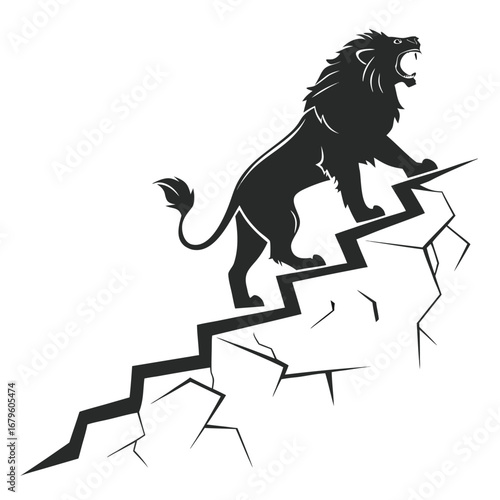 Lion roaring on shattered steps silhouette