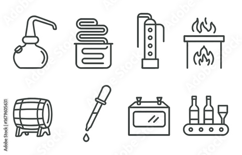Distillery equipment icons on brown background featuring brewing and alcohol production symbols