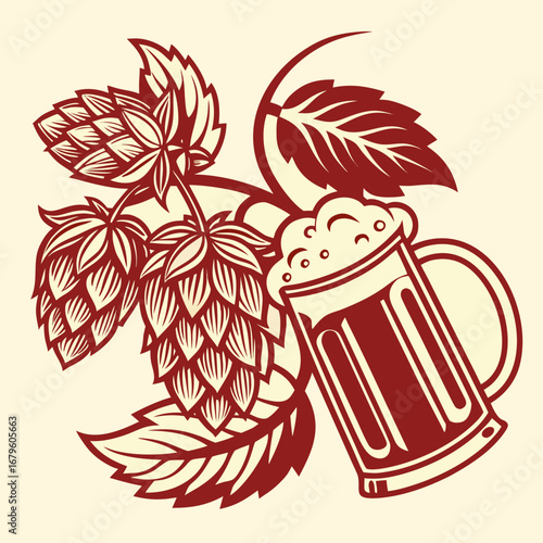 Vintage illustration of a patterned beer mug with flowers and leaves