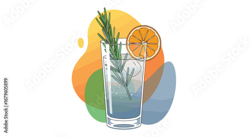 Refreshing Gin and Tonic Cocktail with Rosemary and Orange Slice.
