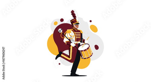 Drummer in marching band uniform playing drum with enthusiasm.