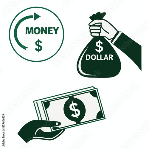 Financial icons showing money exchange dollar bag held by hand and cash bills being handed over