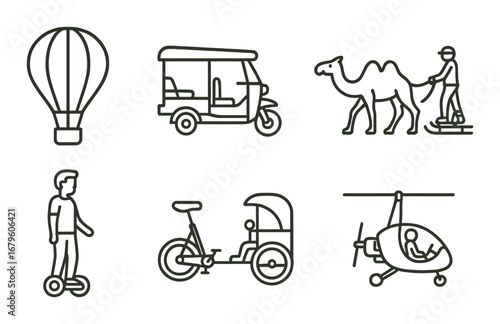 Transportation symbols featuring hot air balloon, rickshaw, camel, hoverboard, bicycle, helicopter