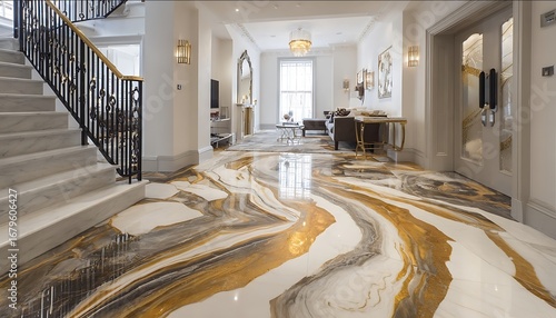 Epoxy resin flooring in a hallway entrance with custom marble and graniteeffect pattern Expensive large St Johns Wood london home stock like image professiona