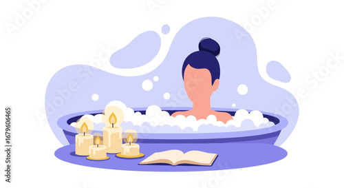 Woman enjoying a relaxing bubble bath with candles and a book.