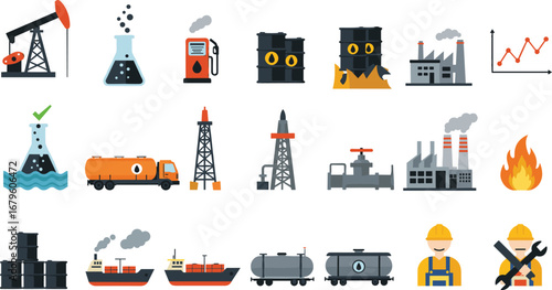 Oil industry icon set, refinery and fuel transportation, petroleum production, gas pipeline, chemical lab, storage tank, industrial factory vector illustration