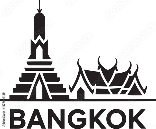 Bangkok Thailand Cityscape Silhouette Vector Illustration with Landmark and Text Below