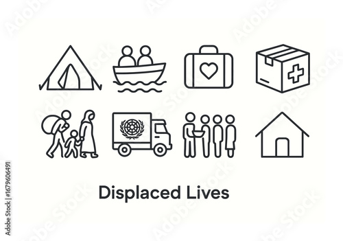 Humanitarian aid icons: shelter, migration, support for displaced individuals