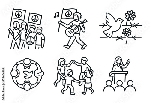 Peace advocacy symbols: march, music, dove, harmony, unity, speaker