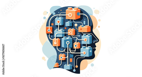 Human head silhouette filled with interconnected modular blocks representing complex thought processes.