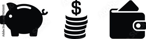 Black Piggy Bank, Coin Stack, and Wallet Icons Representing Saving Money, Financial Wealth, and Budget Management on White Background