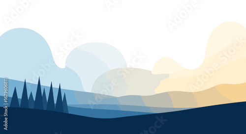 Minimalist Landscape with Pine Trees and Rolling Hills.